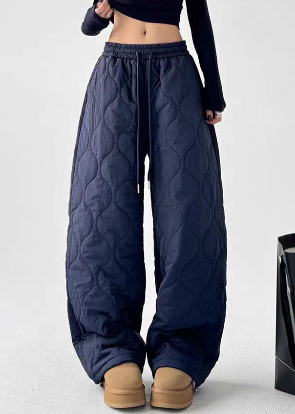 Navy Original Design Cotton Filled Wide Leg Pants Elastic Waist
