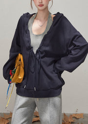 Navy Oversized Cotton Pullover Streetwear Hooded Drawstring Fall