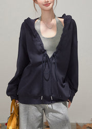 Navy Oversized Cotton Pullover Streetwear Hooded Drawstring Fall