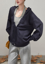 Navy Oversized Cotton Pullover Streetwear Hooded Drawstring Fall