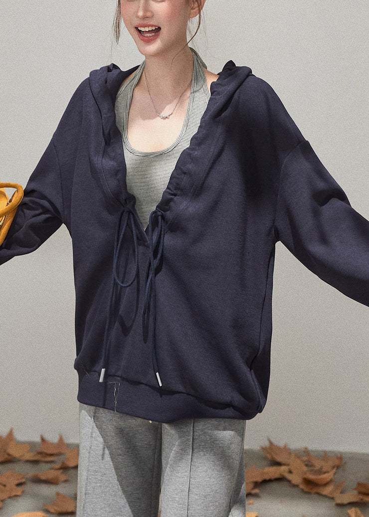 Navy Oversized Cotton Pullover Streetwear Hooded Drawstring Fall
