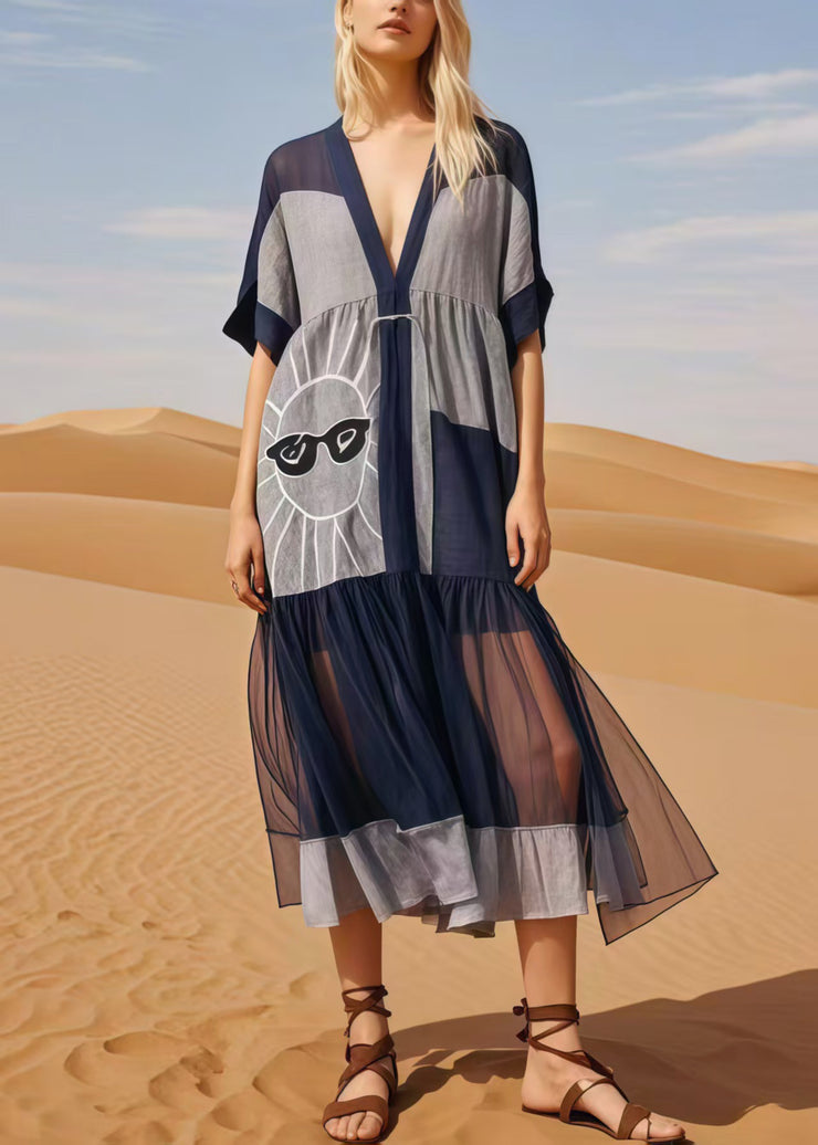 Navy Patchwork Cotton Maxi Dress Asymmetrical Summer