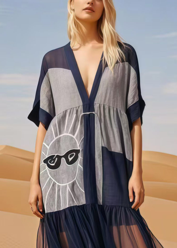 Navy Patchwork Cotton Maxi Dress Asymmetrical Summer