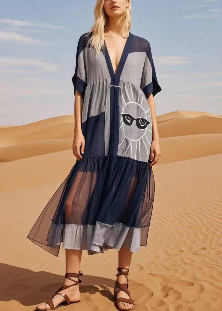 Navy Patchwork Cotton Maxi Dress Asymmetrical Summer