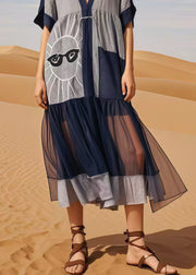 Navy Patchwork Cotton Maxi Dress Asymmetrical Summer