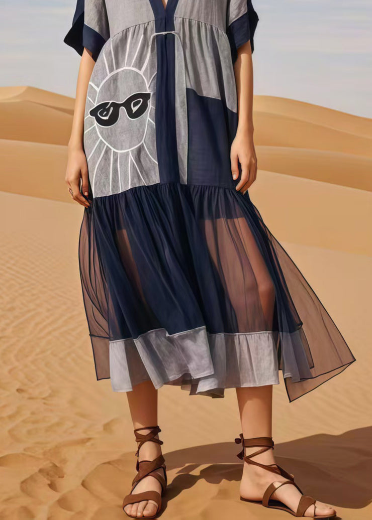 Navy Patchwork Cotton Maxi Dress Asymmetrical Summer