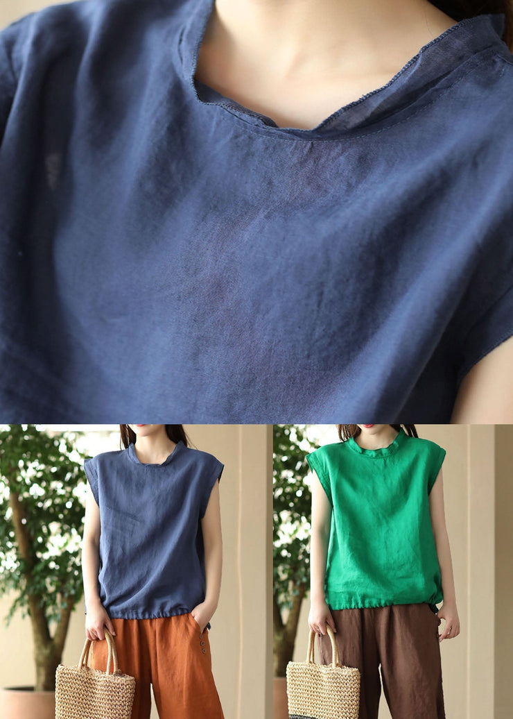 Navy Patchwork Linen T Shirt O Neck Drawstring Sleeveless