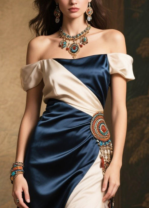 Navy Patchwork Silk Strapless Vestidos Dress Cold Shoulder Side Open Summer