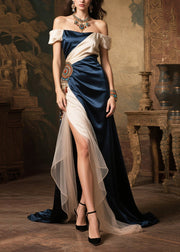 Navy Patchwork Silk Strapless Vestidos Dress Cold Shoulder Side Open Summer