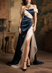 Navy Patchwork Silk Strapless Vestidos Dress Cold Shoulder Side Open Summer