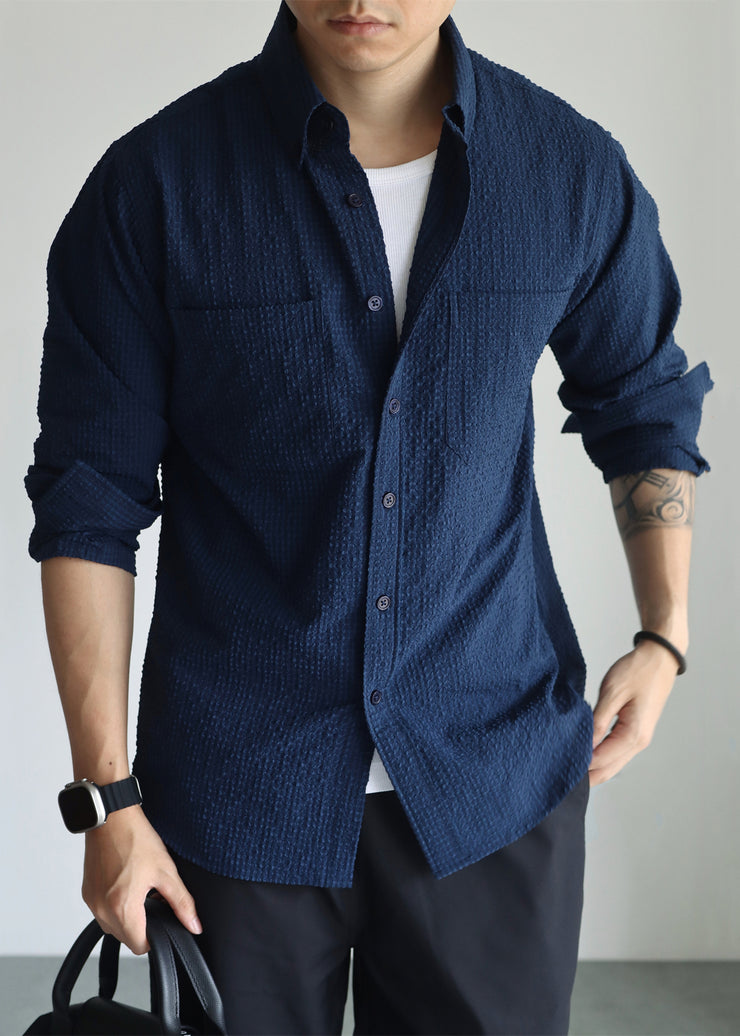 Navy Pockets Cotton Fall Men Hawaiian Shirts Peter Pan Collar