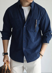 Navy Pockets Cotton Fall Men Hawaiian Shirts Peter Pan Collar
