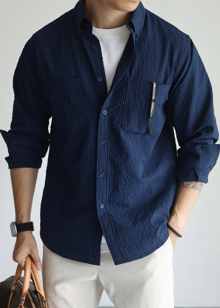 Navy Pockets Cotton Fall Men Hawaiian Shirts Peter Pan Collar