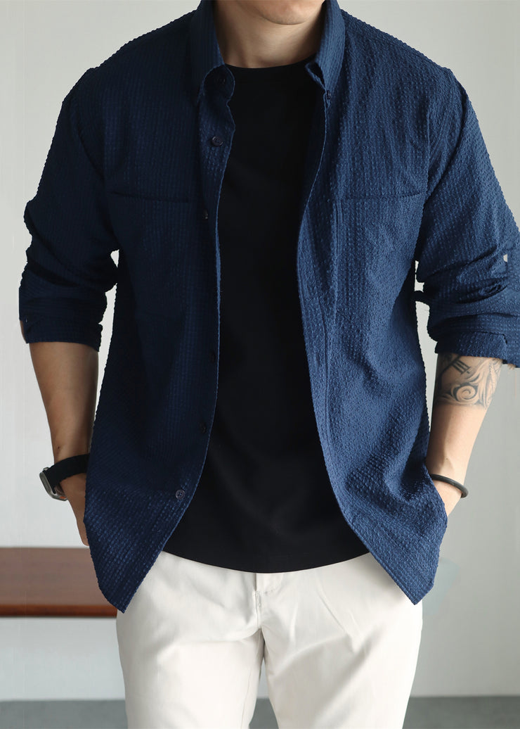 Navy Pockets Cotton Fall Men Hawaiian Shirts Peter Pan Collar