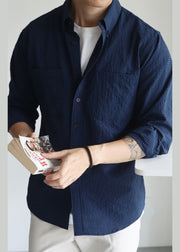Navy Pockets Cotton Fall Men Hawaiian Shirts Peter Pan Collar