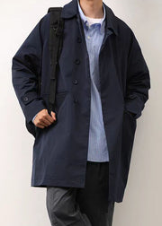 Navy Pockets Cotton Mens Coat Peter Pan Collar Spring
