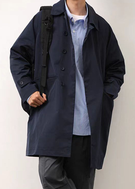 Navy Pockets Cotton Mens Coat Peter Pan Collar Spring