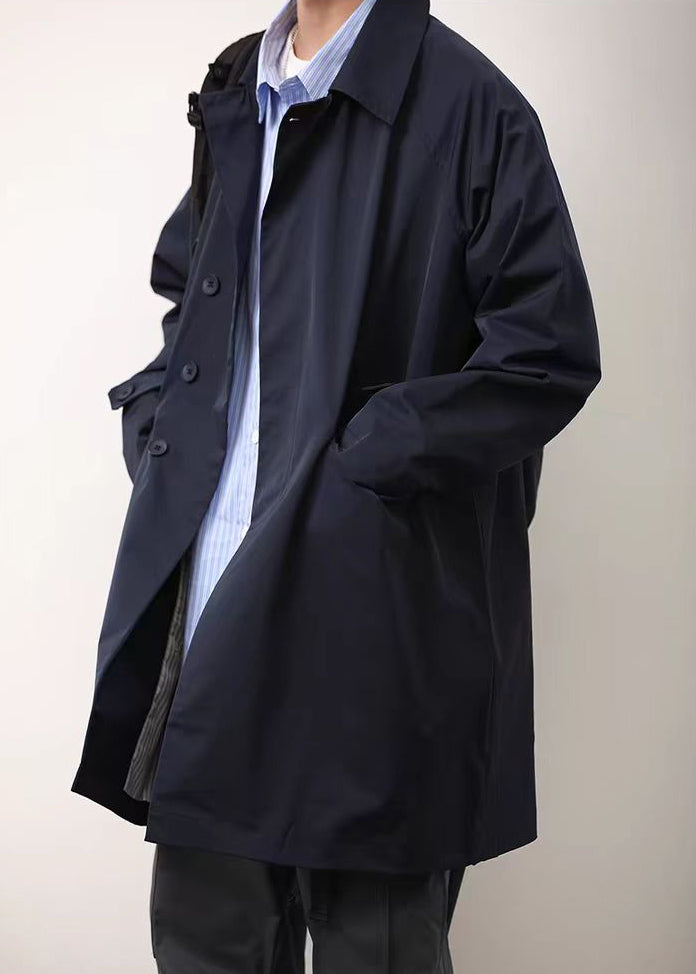 Navy Pockets Cotton Mens Coat Peter Pan Collar Spring