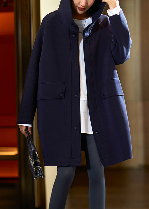 Navy Pockets Oversized Cotton Coats Hooded Long Sleeve