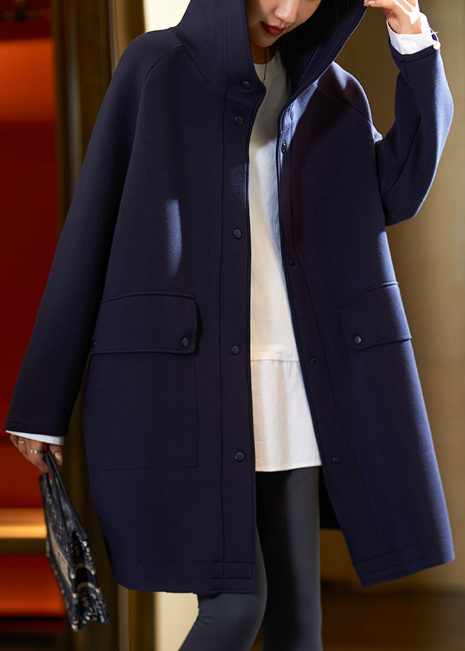 Navy Pockets Oversized Cotton Coats Hooded Long Sleeve