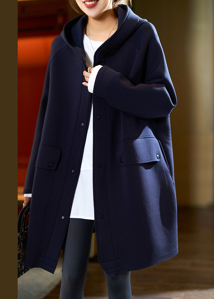 Navy Pockets Oversized Cotton Coats Hooded Long Sleeve