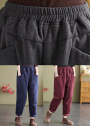 Navy Pockets Patchwork Fine Cotton Filled Pants Elastic Waist Winter