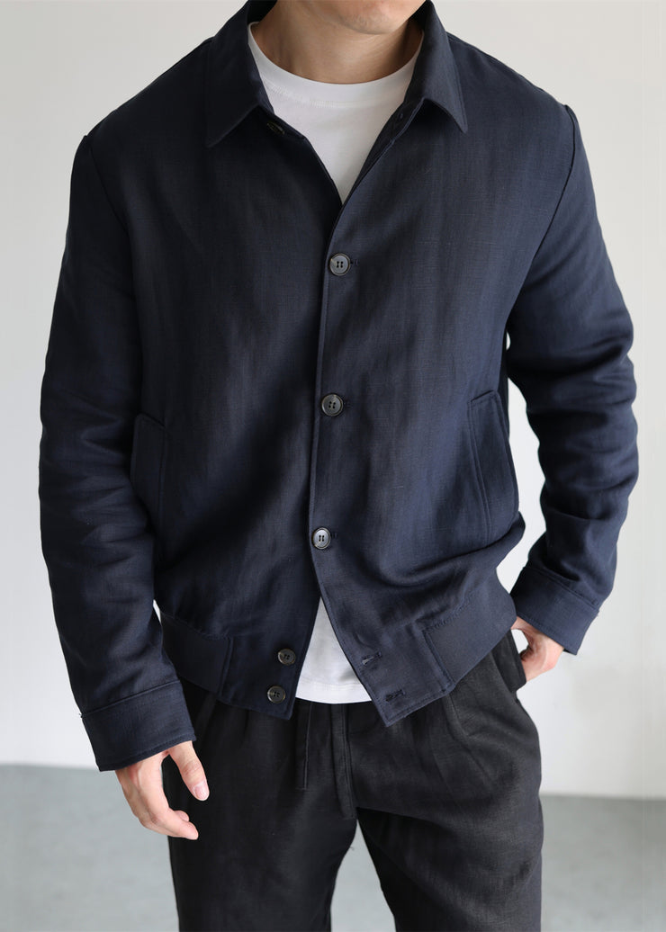 Navy Pockets Solid Linen Fall Mens Coats Peter Pan Collar