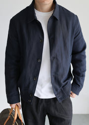 Navy Pockets Solid Linen Fall Mens Coats Peter Pan Collar
