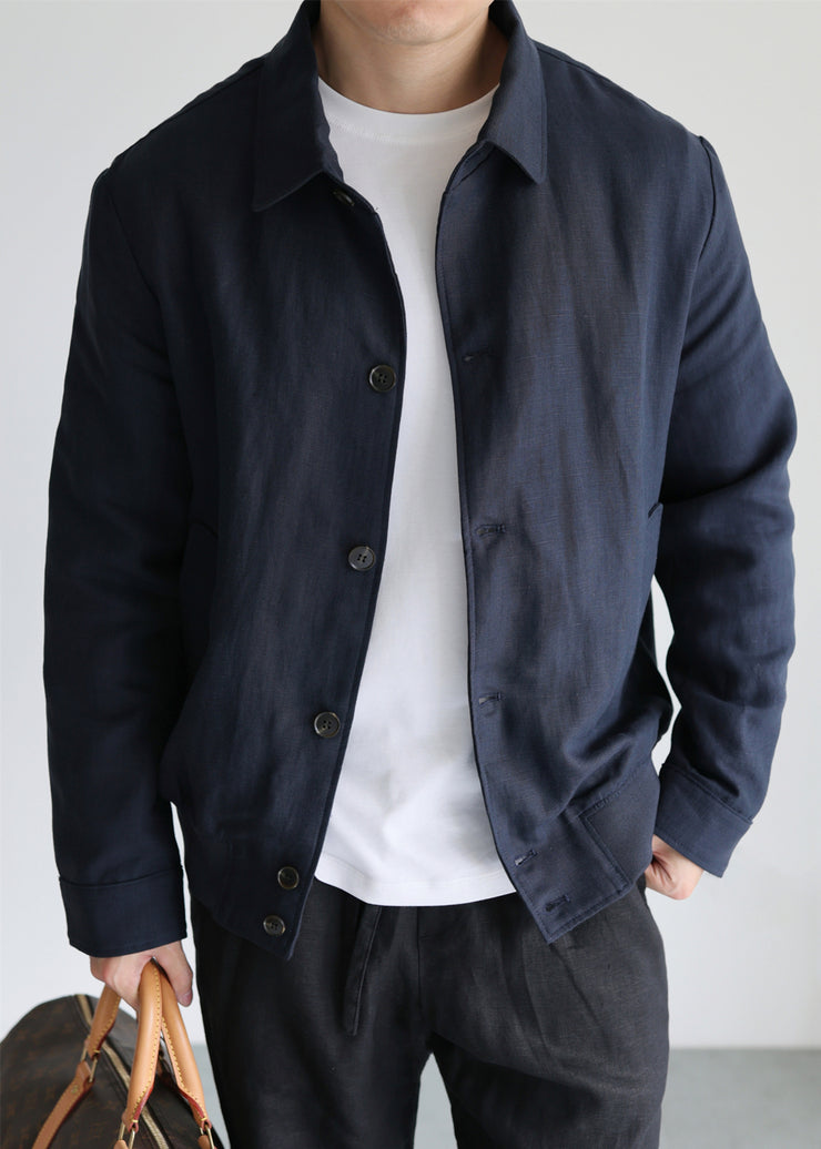 Navy Pockets Solid Linen Fall Mens Coats Peter Pan Collar