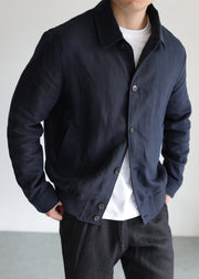 Navy Pockets Solid Linen Fall Mens Coats Peter Pan Collar