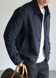 Navy Pockets Solid Linen Fall Mens Coats Peter Pan Collar
