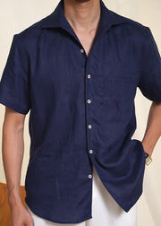 Navy Pockets Solid Linen Summer Mens Shirts Peter Pan Collar
