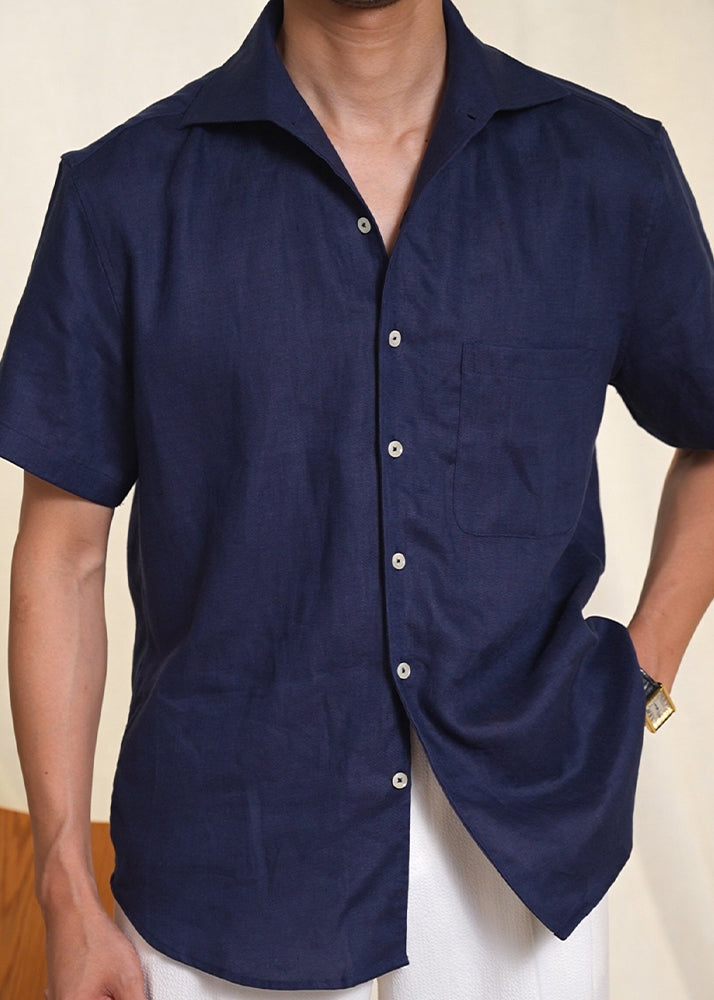 Navy Pockets Solid Linen Summer Mens Shirts Peter Pan Collar
