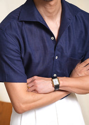 Navy Pockets Solid Linen Summer Mens Shirts Peter Pan Collar
