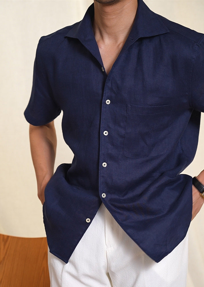 Navy Pockets Solid Linen Summer Mens Shirts Peter Pan Collar