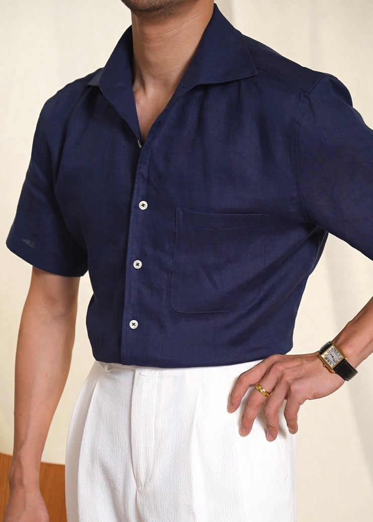 Navy Pockets Solid Linen Summer Mens Shirts Peter Pan Collar