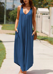 Navy Pockets Solid Long Spaghetti Strap Sleeveless