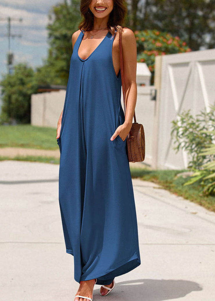 Navy Pockets Solid Long Spaghetti Strap Sleeveless