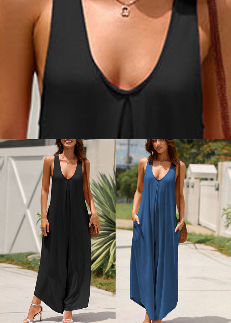 Navy Pockets Solid Long Spaghetti Strap Sleeveless