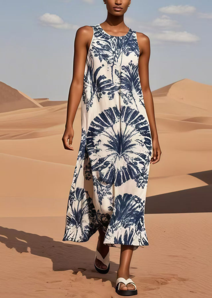 Navy Print Cotton Long Dresses Oversized Sleeveless