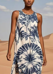 Navy Print Cotton Long Dresses Oversized Sleeveless