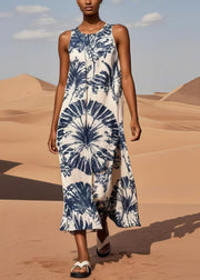 Navy Print Cotton Long Dresses Oversized Sleeveless