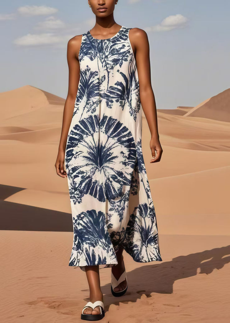 Navy Print Cotton Long Dresses Oversized Sleeveless
