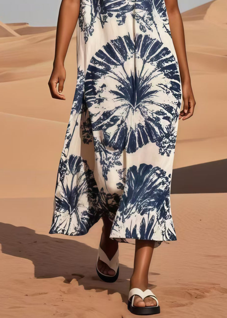 Navy Print Cotton Long Dresses Oversized Sleeveless