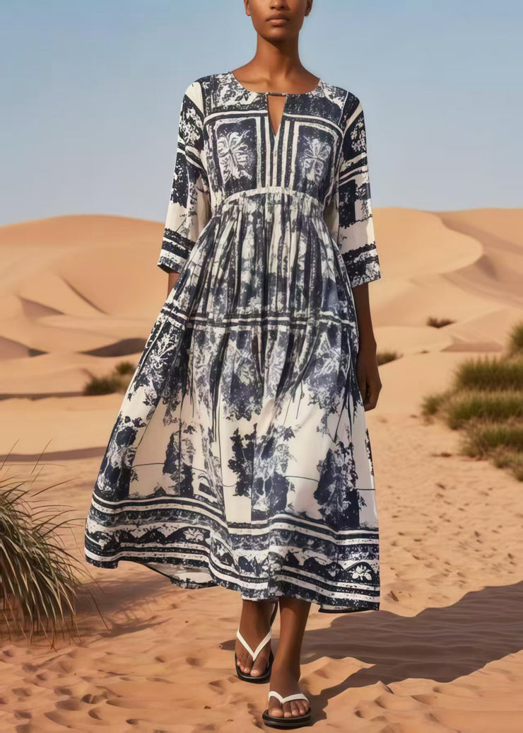 Navy Print Cotton Vacation Dresses Oversized Summer