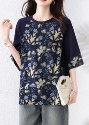 Navy Print Patchwork Cotton Top O Neck Half Sleeve