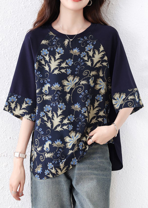 Navy Print Patchwork Cotton Top O Neck Half Sleeve