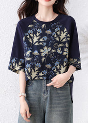 Navy Print Patchwork Cotton Top O Neck Half Sleeve