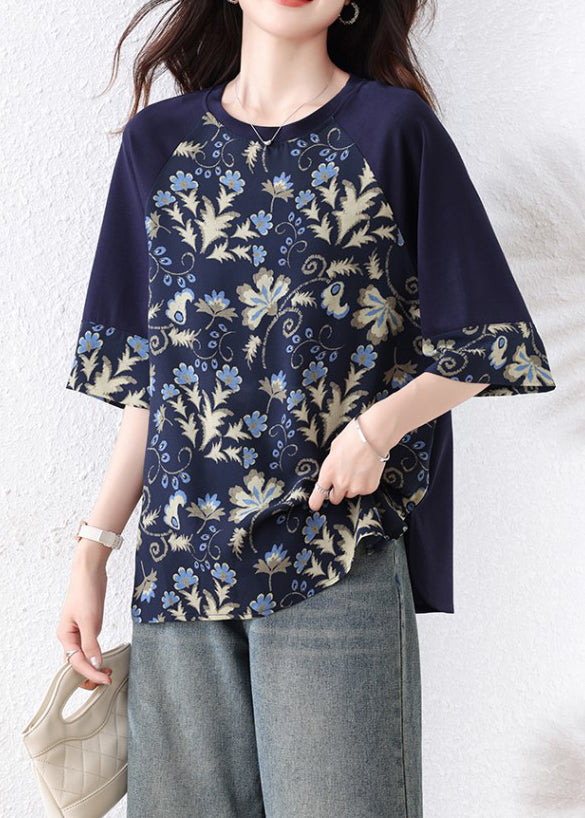Navy Print Patchwork Cotton Top O Neck Half Sleeve