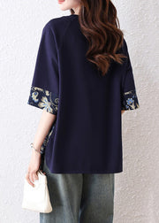 Navy Print Patchwork Cotton Top O Neck Half Sleeve